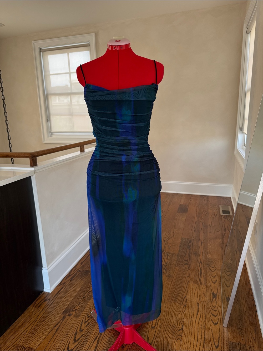 Blue Corset Ruched Slip Dress with Spaghetti Straps